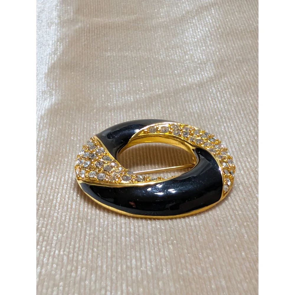 Napier Vintage Black Enamel Gold Tone Rhinestone Circle Brooch Pin 1.5‎ Inch